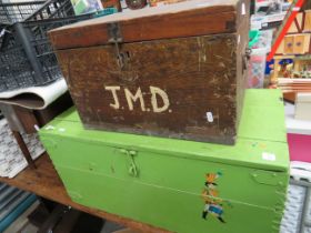 Vintage handmaded wooden toy box with hinged lid which measures approx H:14 x W:30 x D:15 inches tog