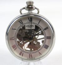 Swiss made Rotary See Through Skeleton Pocket watch with Chrome case. Crown Wind in excellent condit