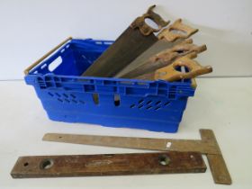Selection of Vintage Hand saws, small tools , wooden spirit level etc. see photos.