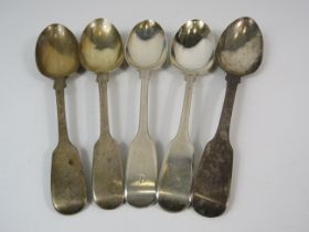 5 London sterling silver table spoons 1826,1854,1881 total weight 201 grams.
