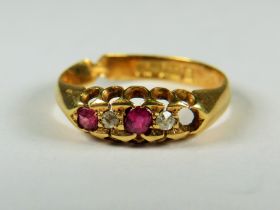 18ct Yellow Gold Ring set with two Rubies and Two Diamonds. (one ruby missing, see photos) Poor repa