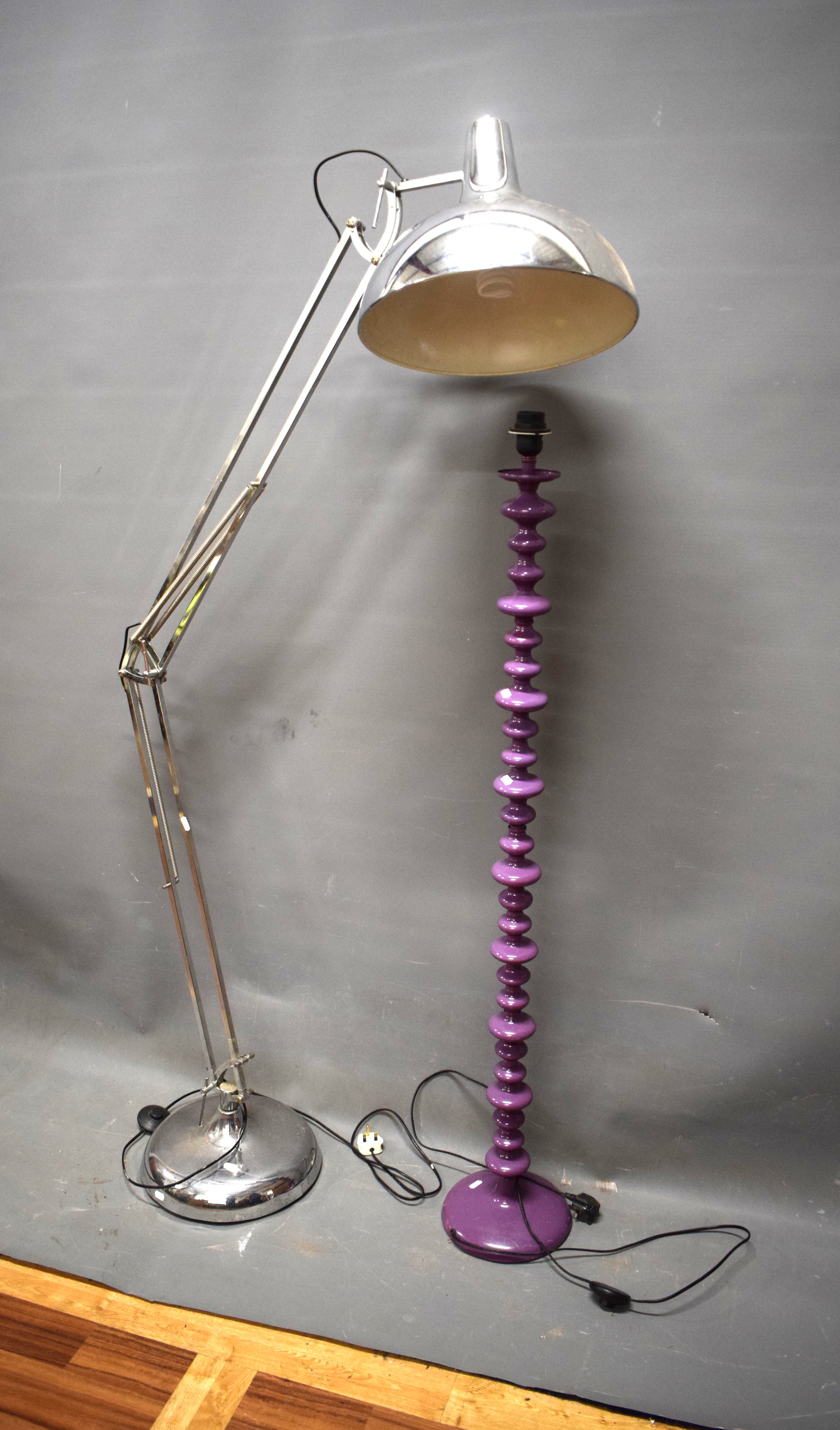 Large chrome articulated Floor lamp together with a Magenta coloured floor lamp of bobbin form. See 