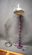 Large chrome articulated Floor lamp together with a Magenta coloured floor lamp of bobbin form. See 