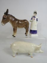 Bewsick Donkey, Beswick Pig and a Royal Doulton figurine.