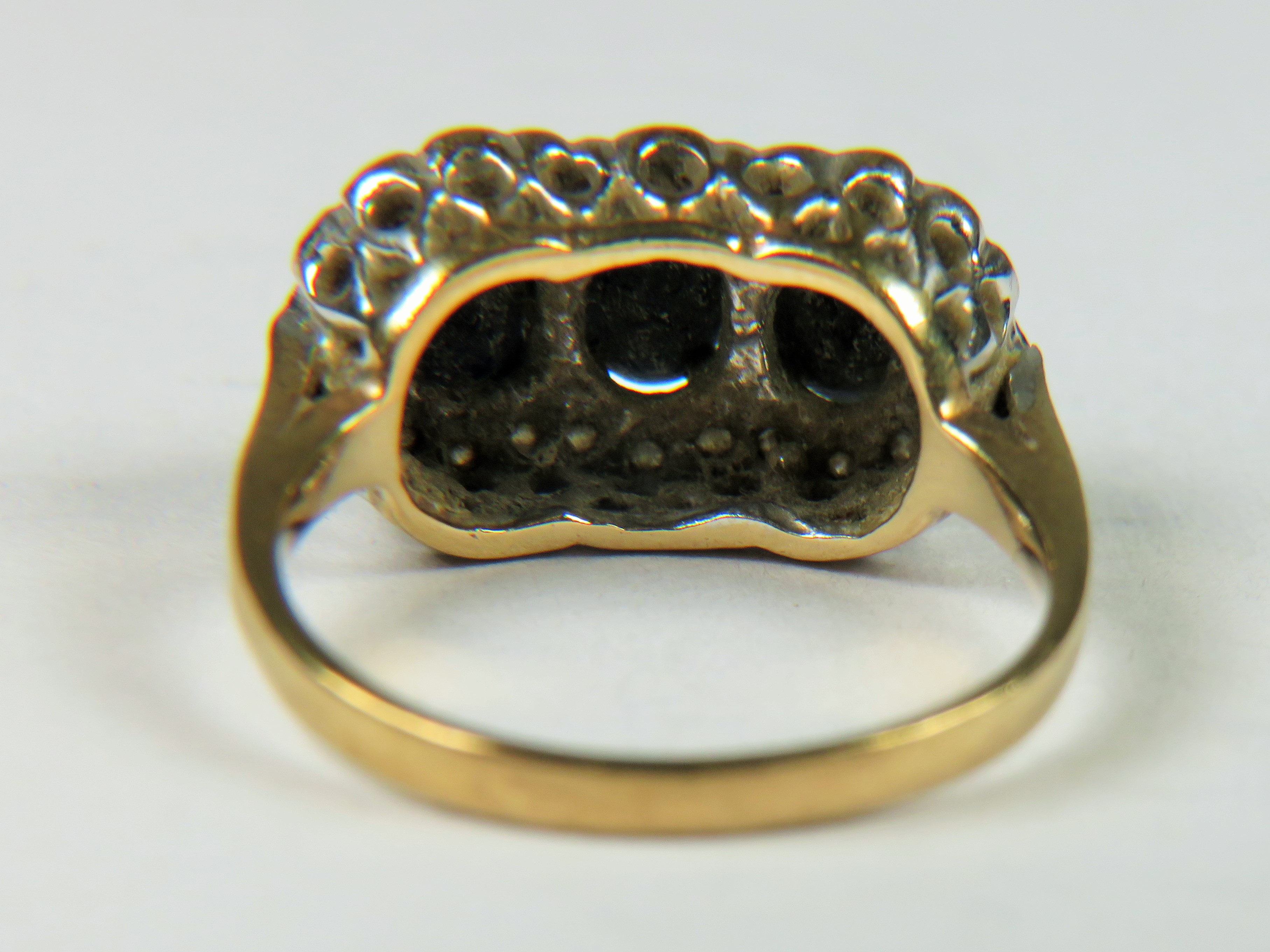 9ct Gold ring set with Triple Sapphires with Diamond surround.   Finger size 'L-5'  3.2g - Image 2 of 5