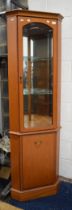 Morris of Glasgow Illuminated corner cabinet with glazed top door.   H:74 x W:24 x D:14 Inches. See 