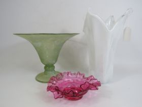 Mixed glass lot including a large white art glass vase, Vintage cranberry ruffle edged bowl and a