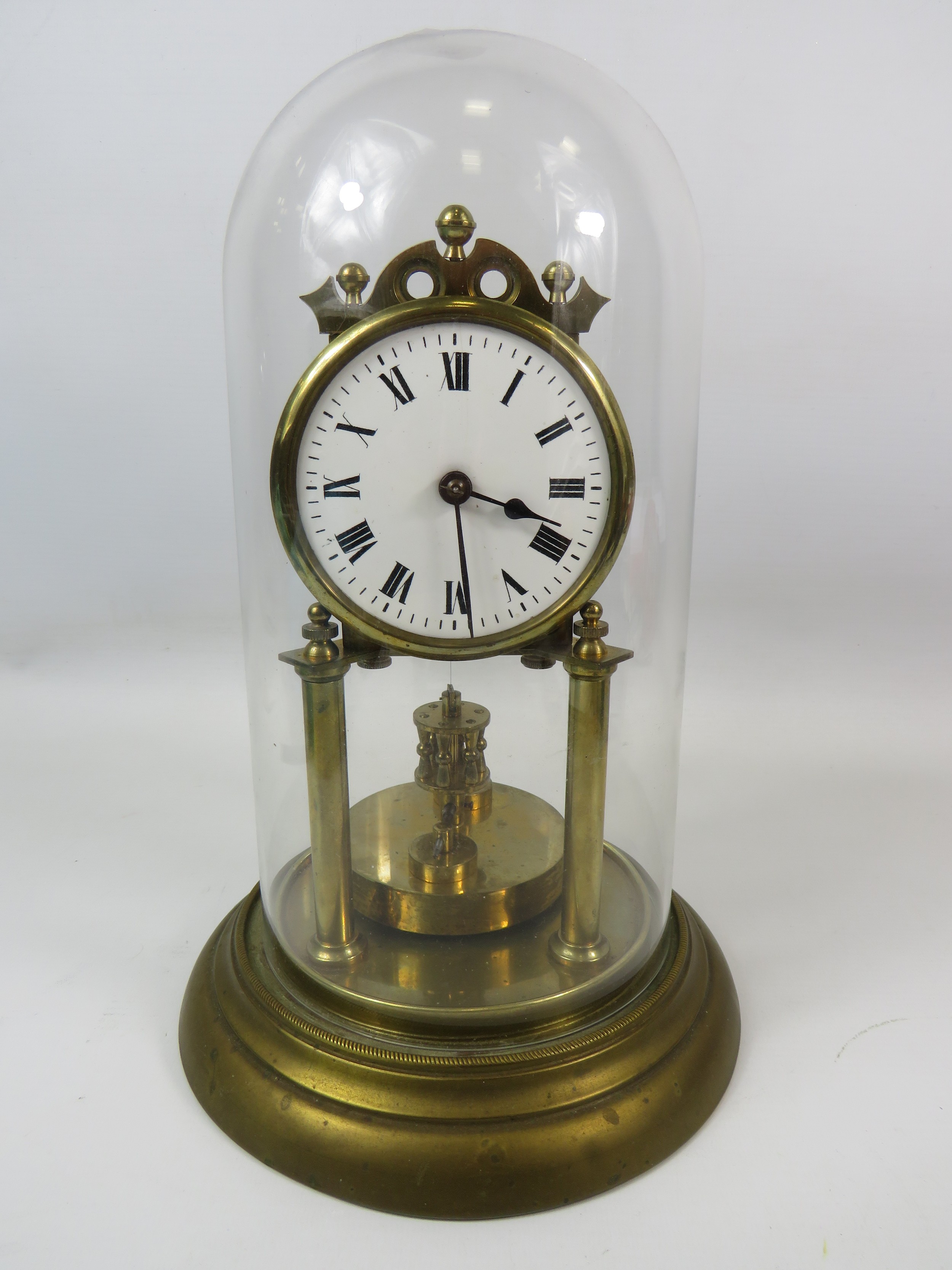 German Made Brass based Anniversary clock with enamel Dial. Sits under a Glass dome which measures - Image 5 of 5
