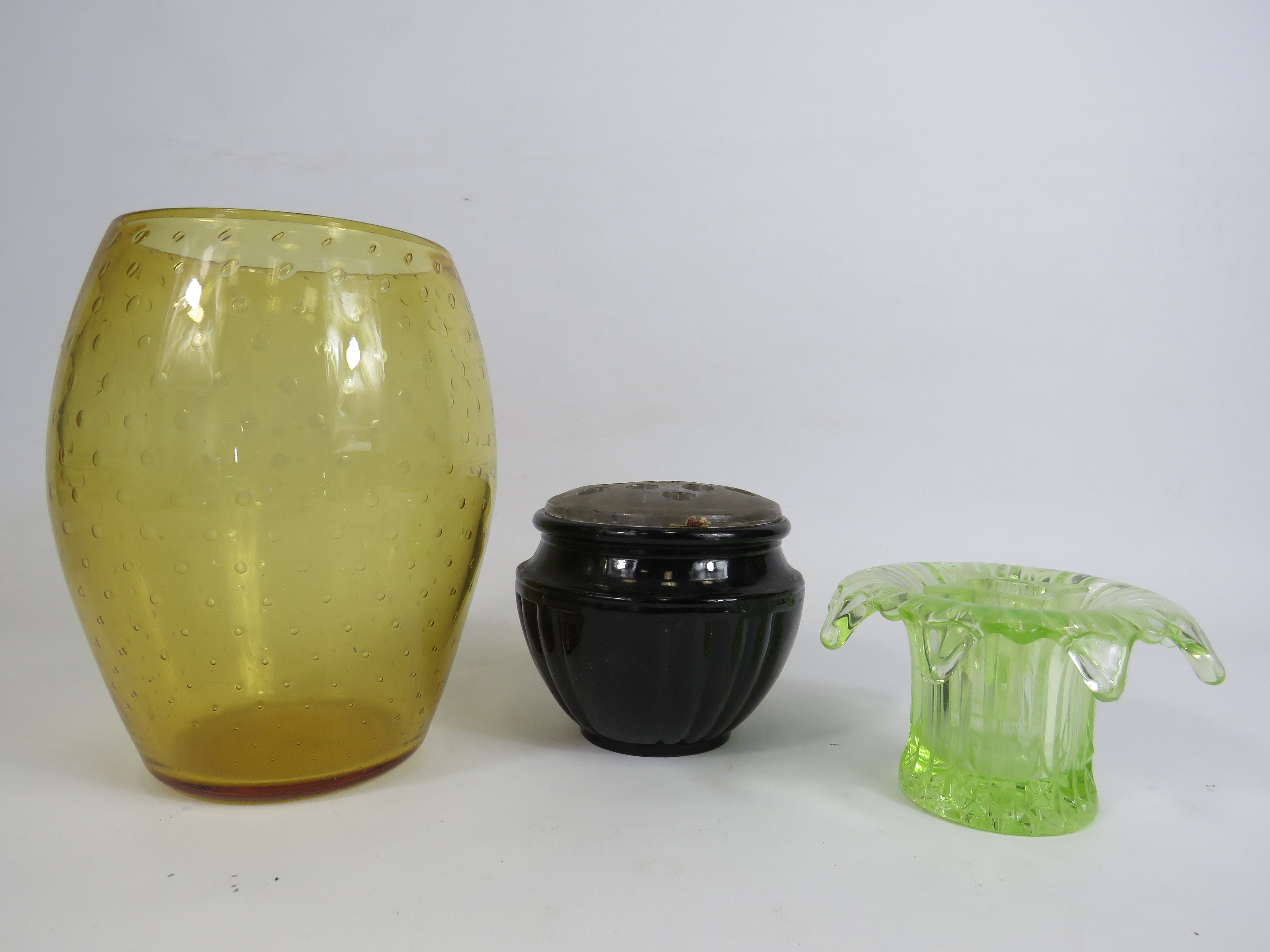 William Wilson Whitefriars controlled bubble vase, Sowerby uranium glass posy and a black amethyst