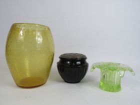 William Wilson Whitefriars controlled bubble vase, Sowerby uranium glass posy and a black amethyst