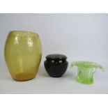 William Wilson Whitefriars controlled bubble vase, Sowerby uranium glass posy and a black amethyst