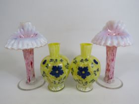 Two opaline vintage jack in the pulpit vases and 2 uranium splatter glass vases, some chips to the