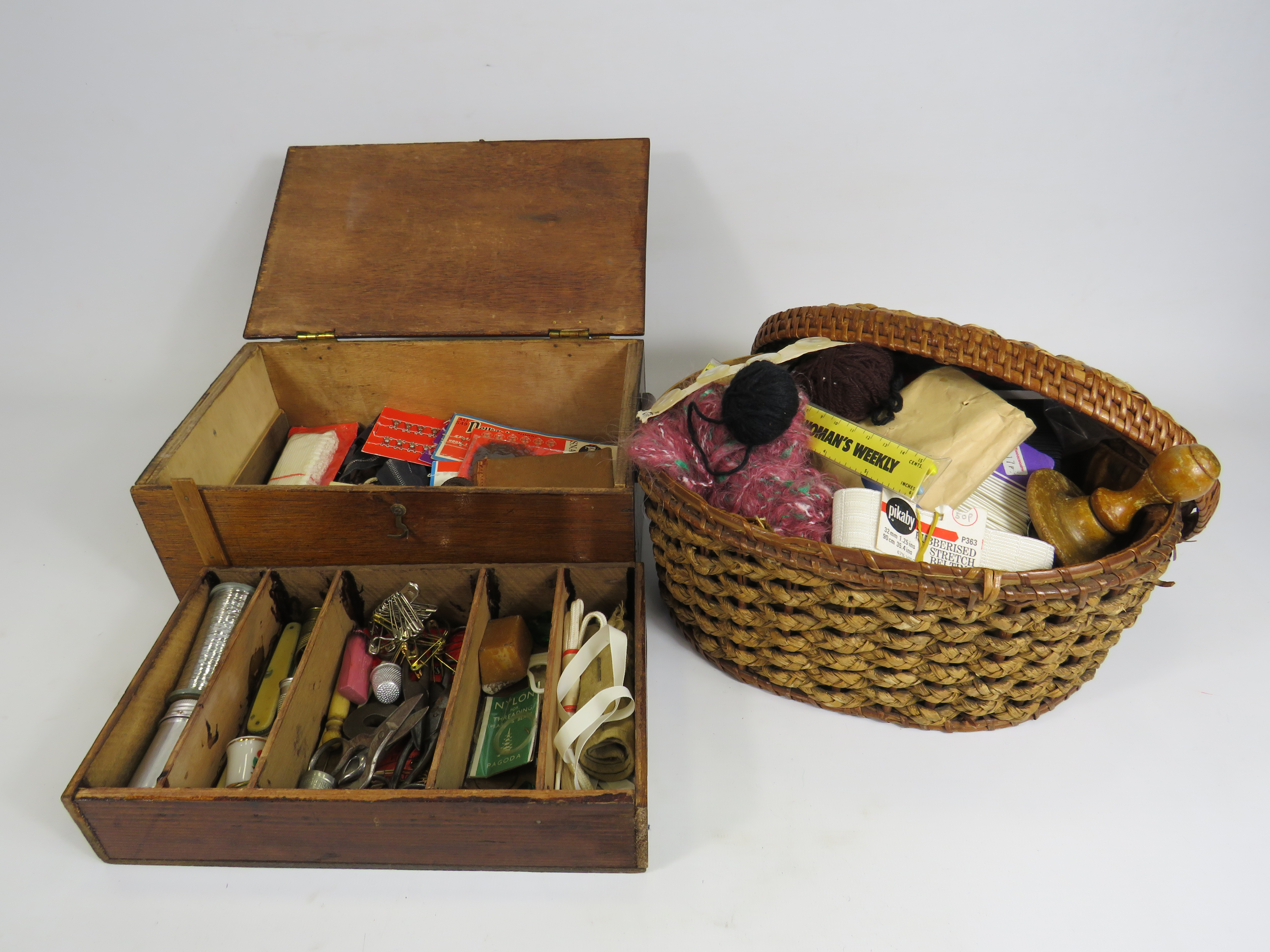 Vintage wooden sewing box and a wicker basket with contents. - Image 2 of 4