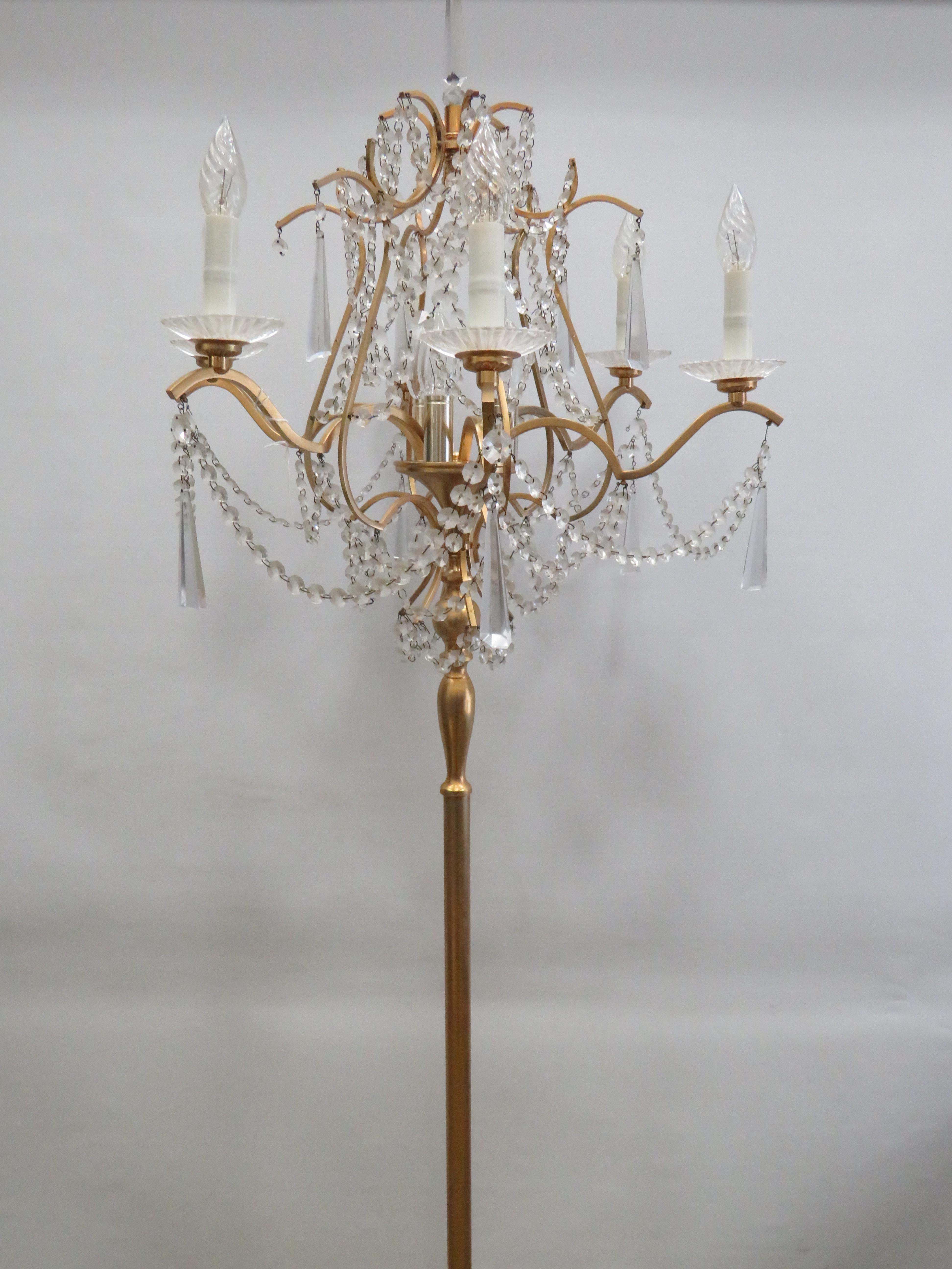 Brushed metal brass effect Standard lamp with 9 Candle bulbs and hanging glass lustres. Approx 67 in - Image 4 of 7