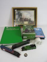 Mixed railway lot including Hornby train bodies, framed print, dvds etc.