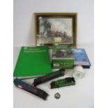 Mixed railway lot including Hornby train bodies, framed print, dvds etc.