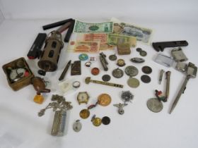 Mixed collectables lot including lighter, medals, tokens, banknotes, pencils and some silver items.