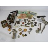 Mixed collectables lot including lighter, medals, tokens, banknotes, pencils and some silver items.