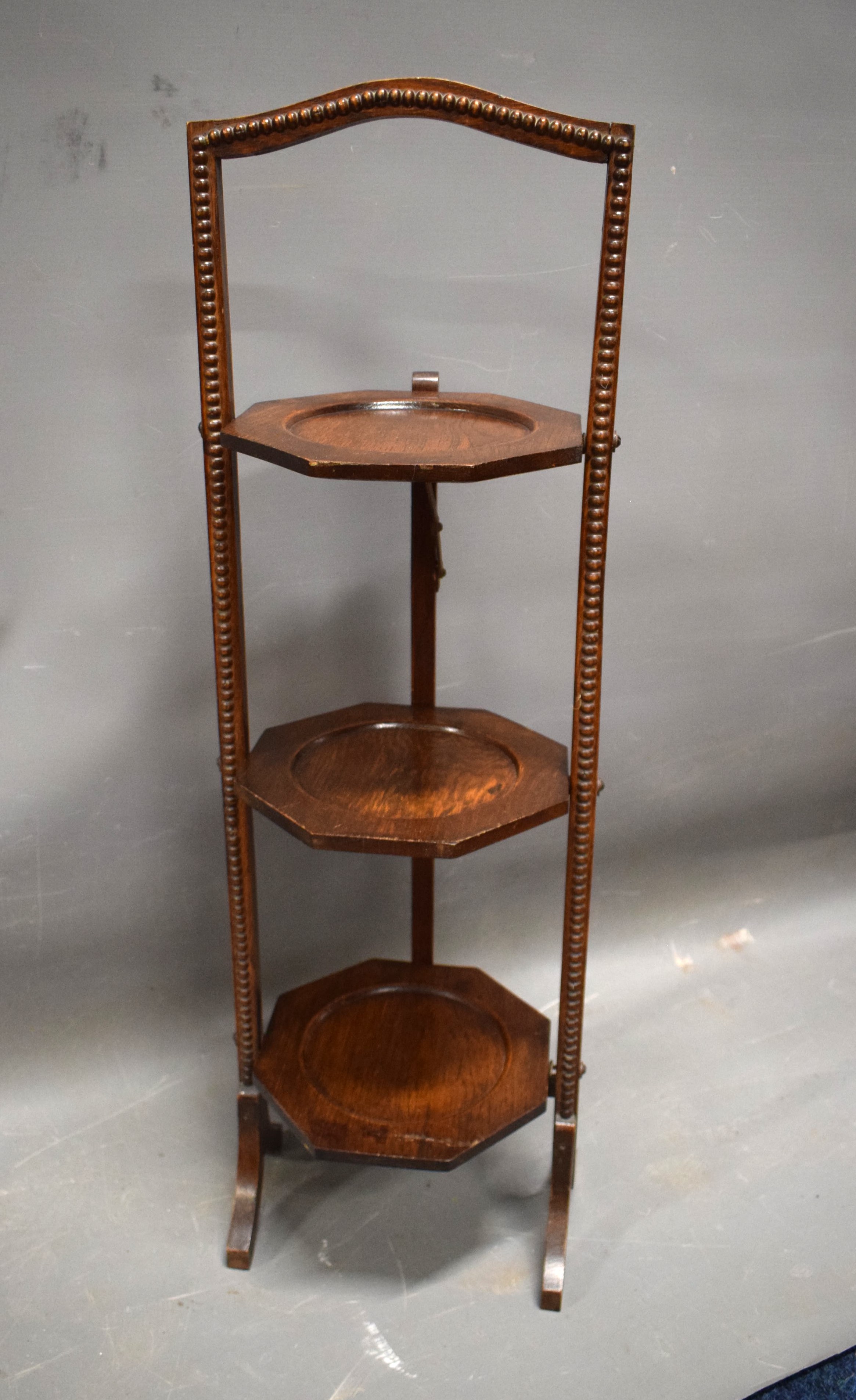 Edwardian/TOC Three tier folding cake stand.  H:33 inches. See photos. 