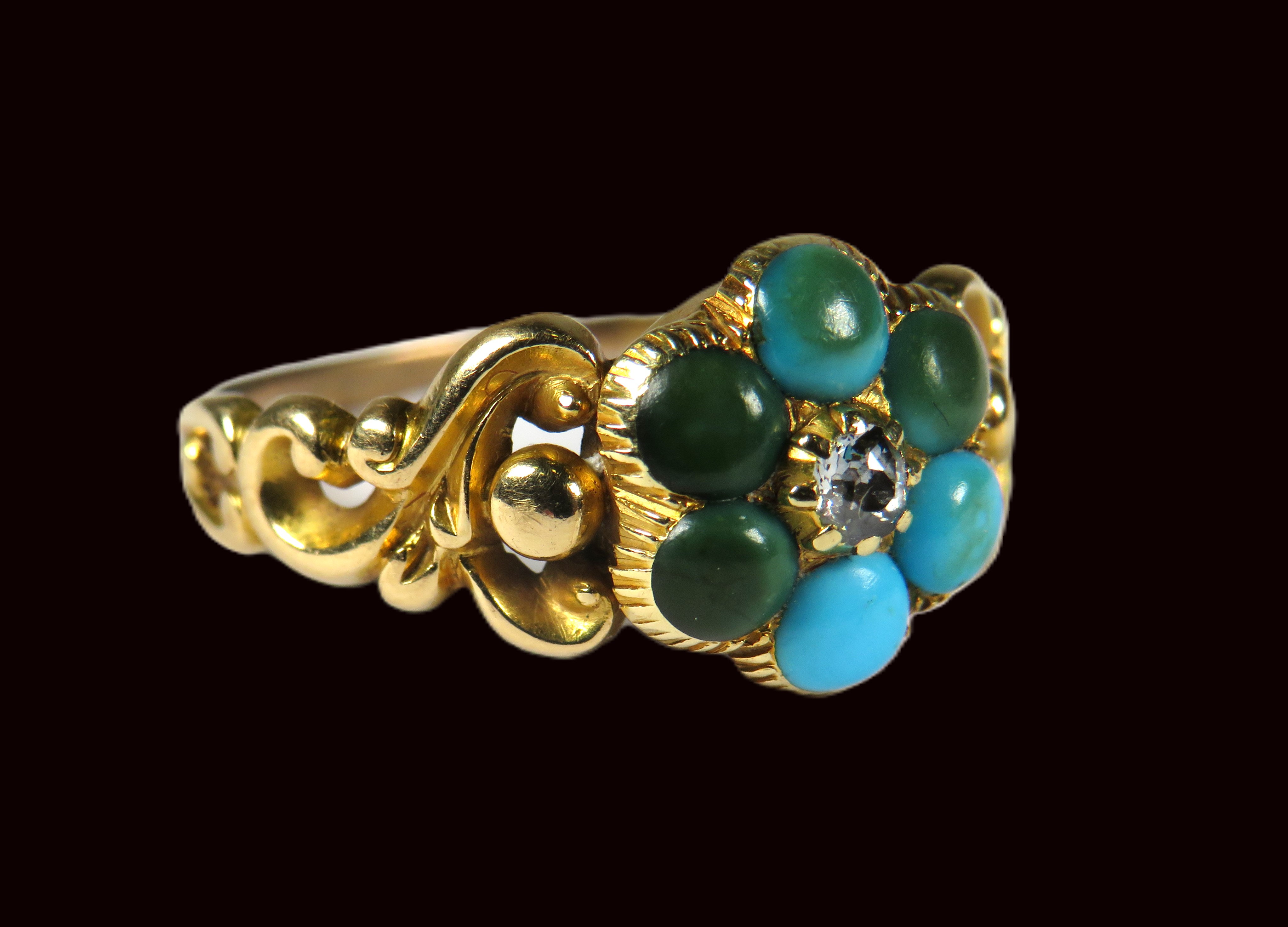 Interesting Victorian Ring set with Central Cushion cut old Diamond and discoloured Turquoise. Fancy - Image 2 of 4