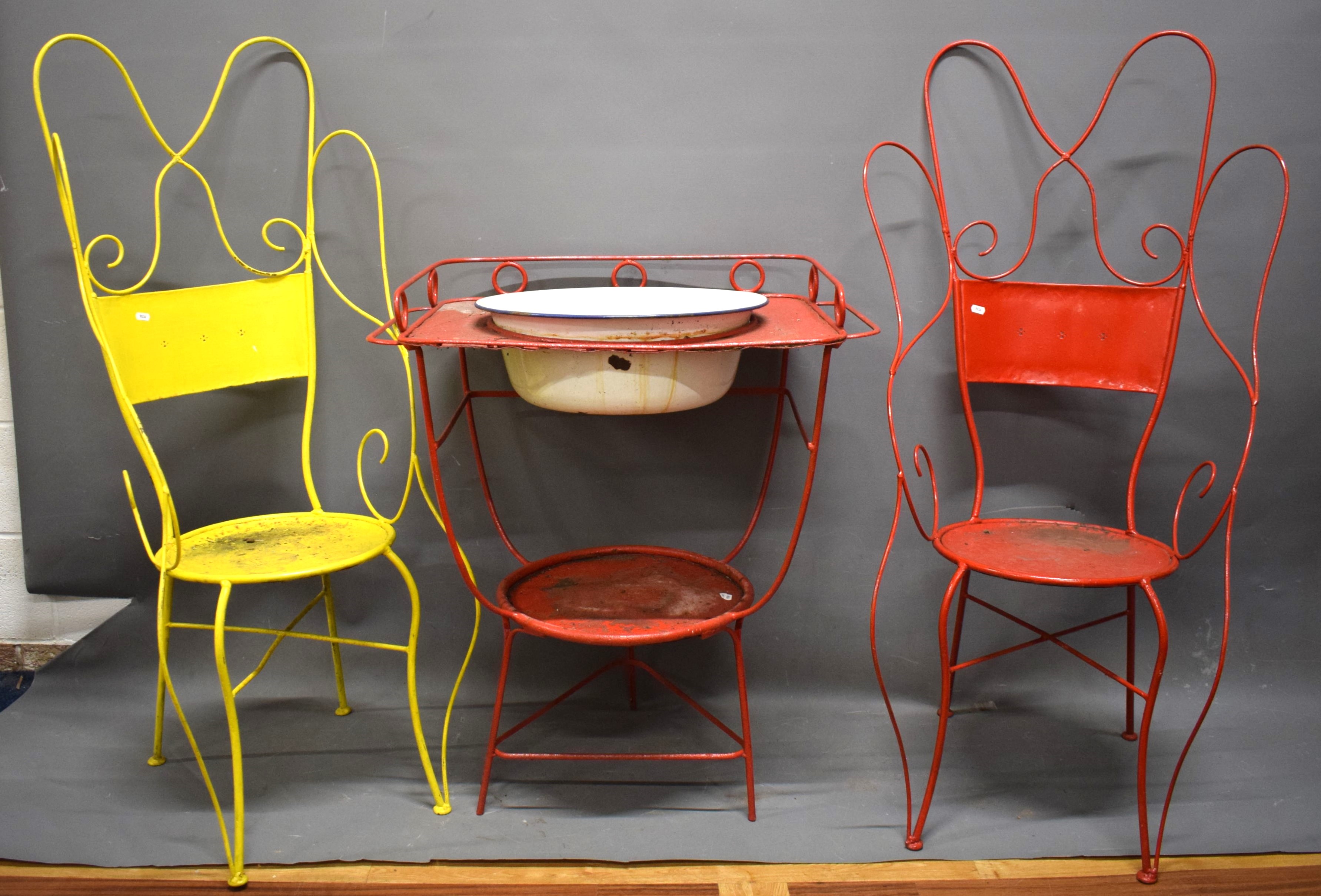 Three piece patio garden set to comprise  table & Chairs.  Enamel bowl inset.  See photos. 