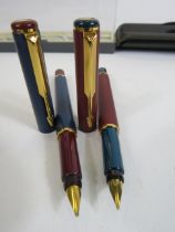 2 Parker 88 Fountain pens in matt red and blue with boxes.