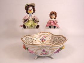 A Dresden bowl with applied flowers and Two Zampiva Italian pottery figurines.