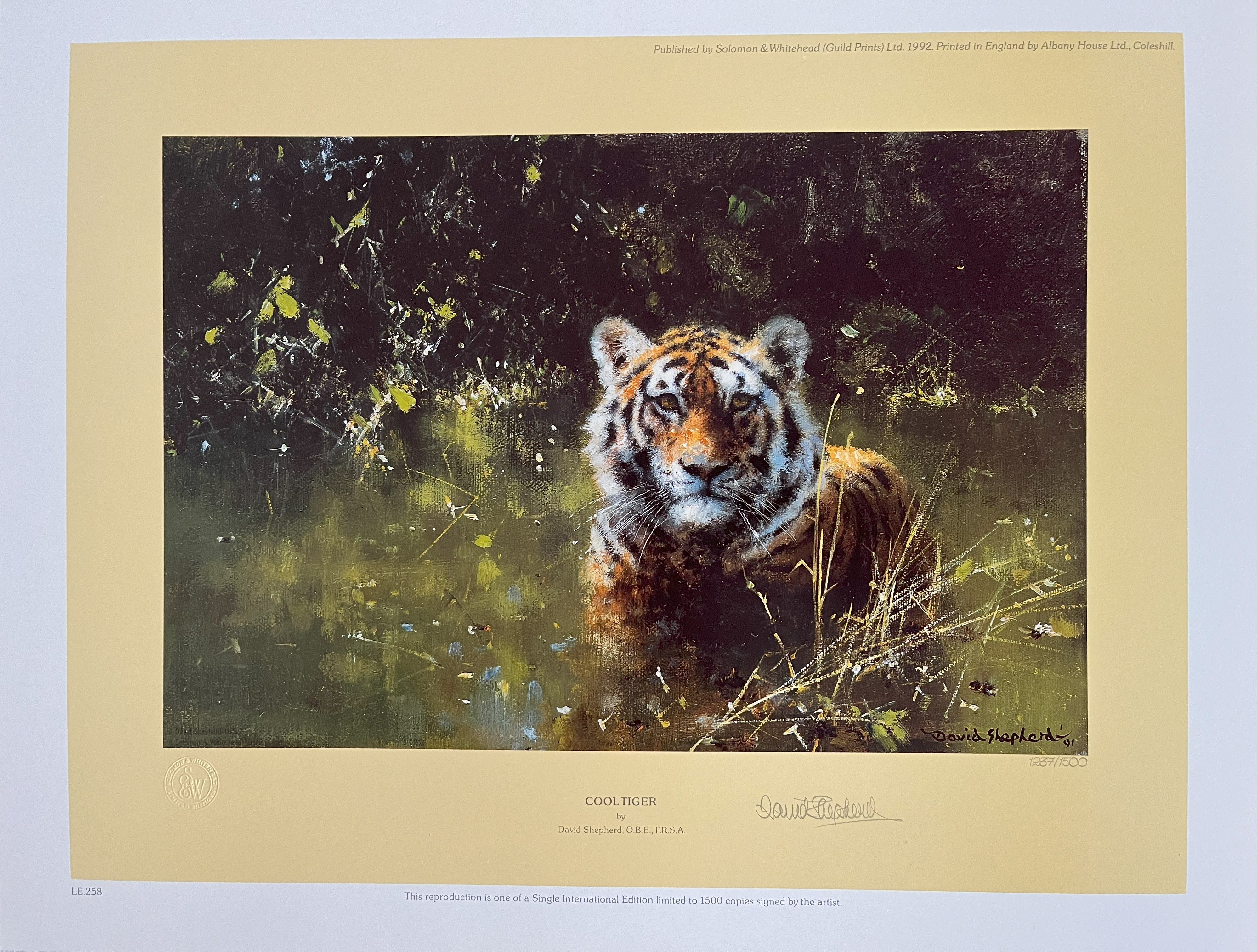 David Shepherd Print. Limited Edition 1237/1500 Published 1982 'Cool Tiger'   8 x 12 inches. Unframe