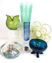 Selection of Coloured Vintage Glassware plus a ship in a Bottle. See photos. 