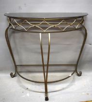 Demilune console table with glass top. Mild steel modern construction. H:30 inches tall. See phot