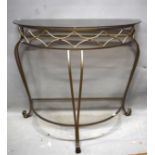 Demilune console table with glass top. Mild steel modern construction.  H:30 inches tall.   See phot