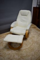 Faux Leather and bentwood manual reclining easy chair with footstool. See photo. S2