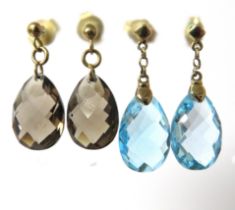 Two Pairs of 9ct Yellow Gold Earrings set with Smokey quartz and possibly Topaz. Longest 25mm Long.