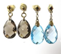 Two Pairs of 9ct Yellow Gold Earrings set with Smokey quartz and possibly Topaz. Longest 25mm Long. 