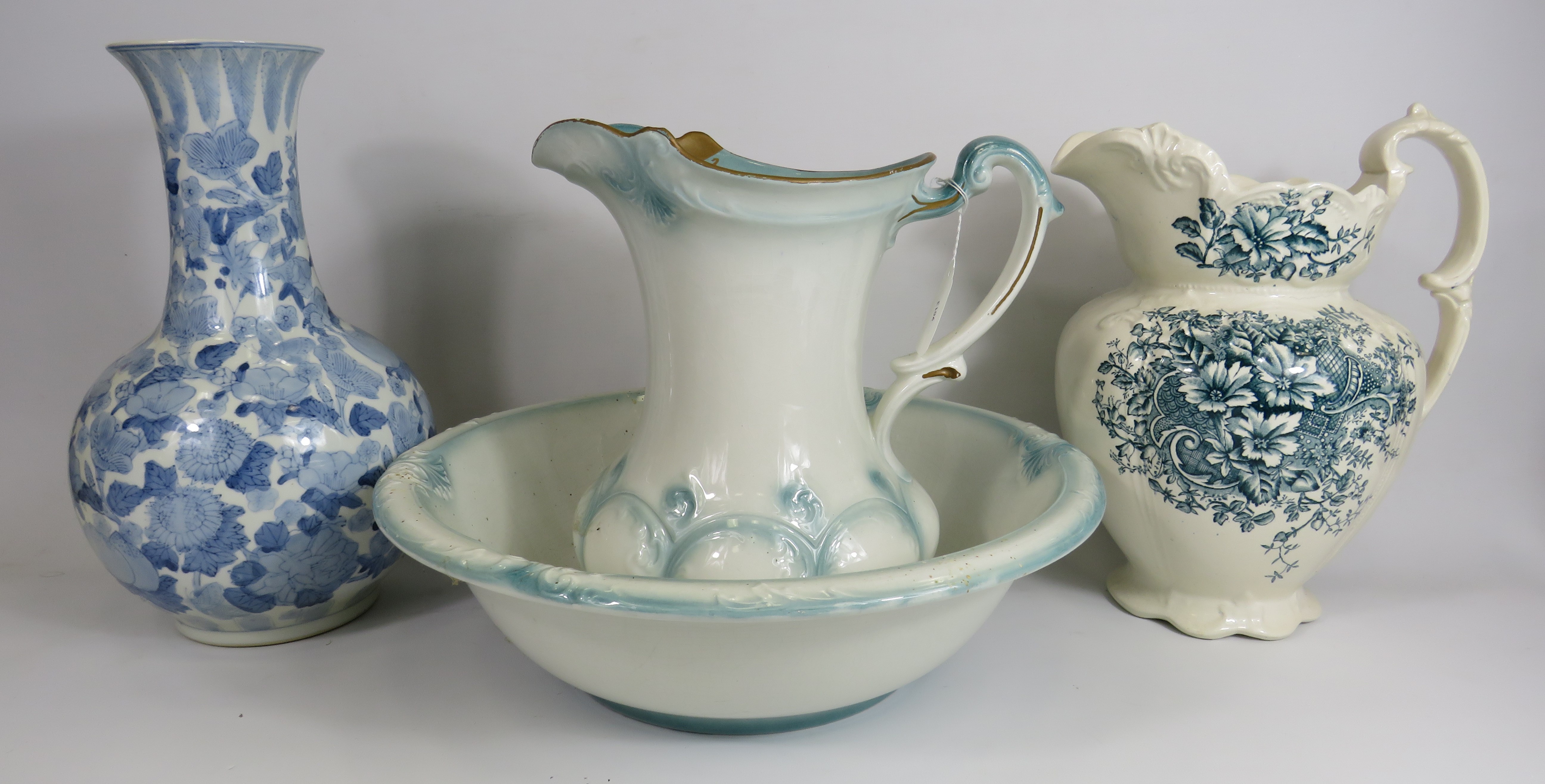 Large Victorian jug and wash bowl plus one other wash jug and a chinese style vase.