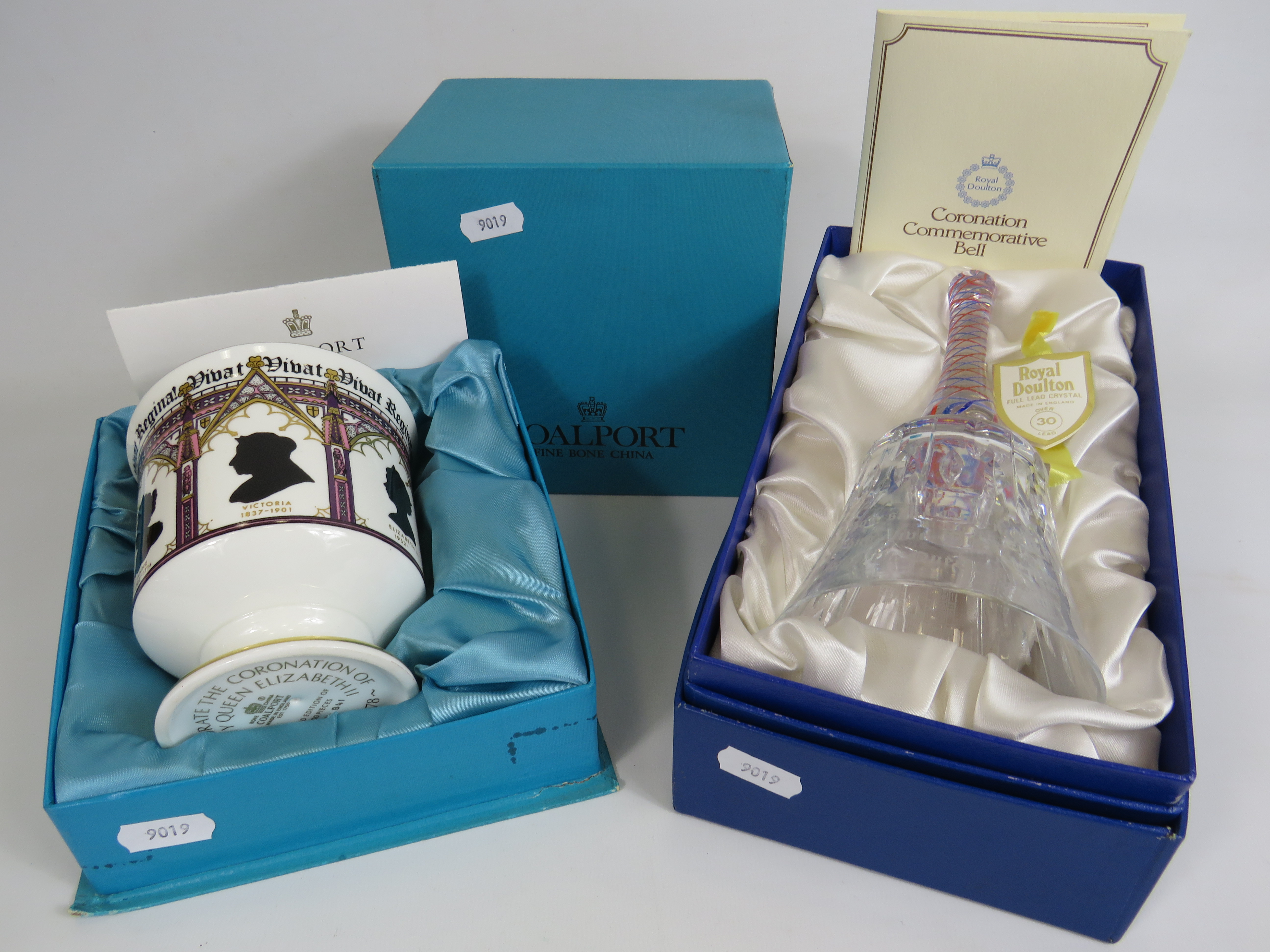 Royalty Commemorative goblet by Coalport and Royal Doulton bell both boxed with certs.