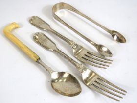 Selection of Interesting Georgian Silver comprising sugar tongs, two forks and a Bone handled Infant