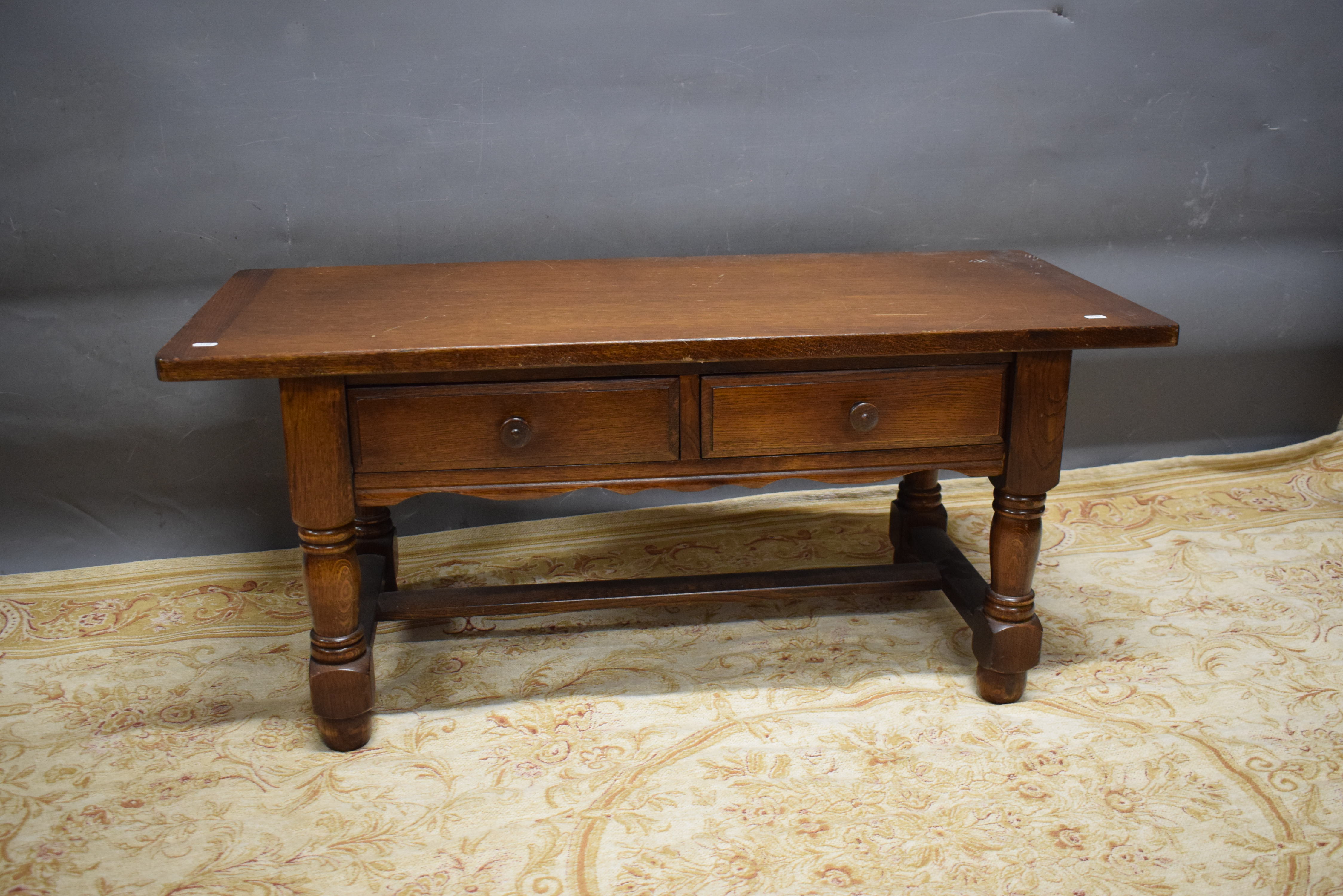 Coffee or Low Table made from Oak with twin drawers under.  See photos. 