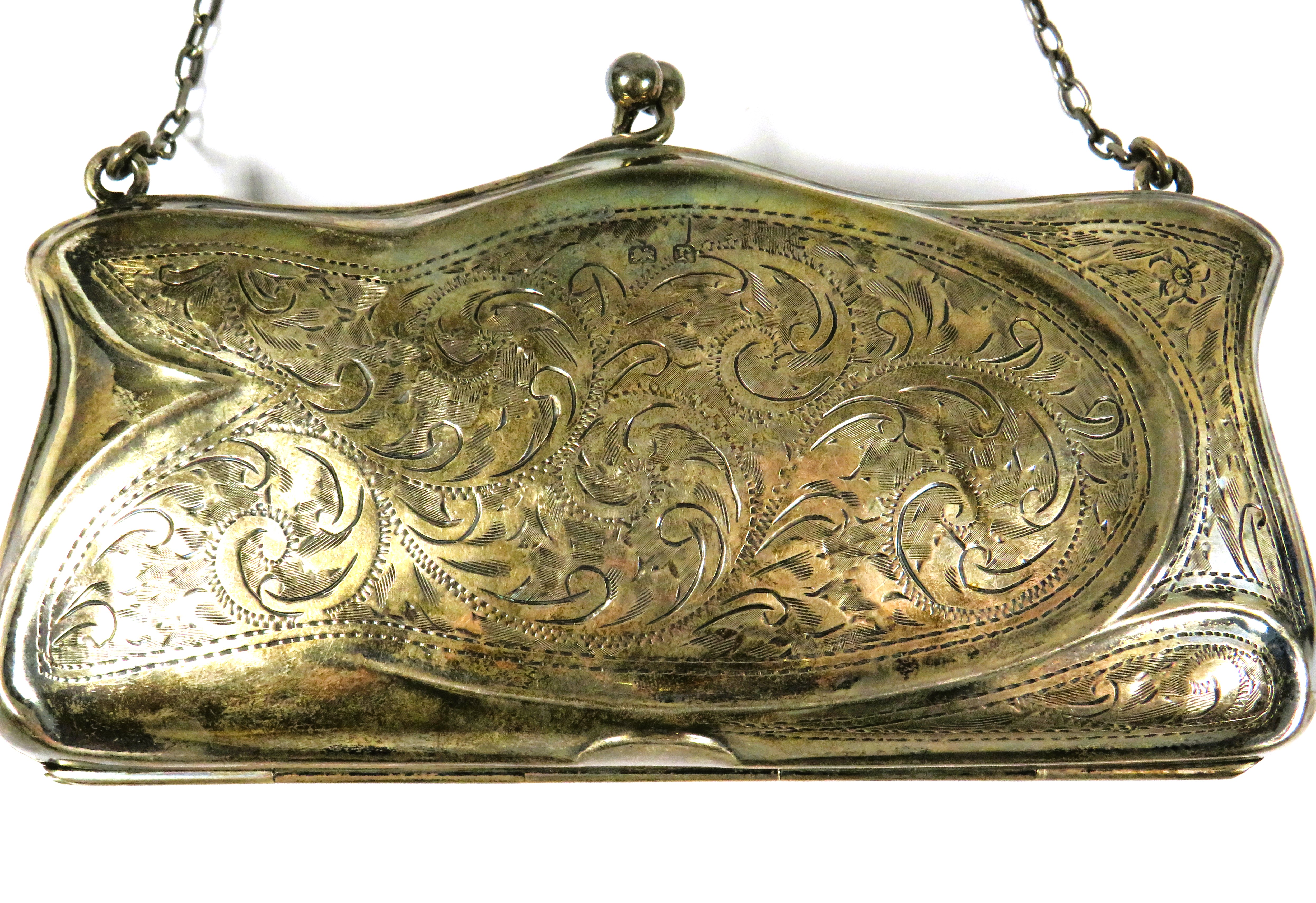 Antique Silver Purse with chain and finger ring. Superb leather interior.  Hallmarked for Birmingham - Image 3 of 5