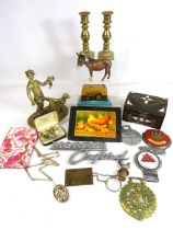 Mixed lot to include Heavy brass ornament, Beswick Donkey (repair to leg) Vintage motoring badges. S