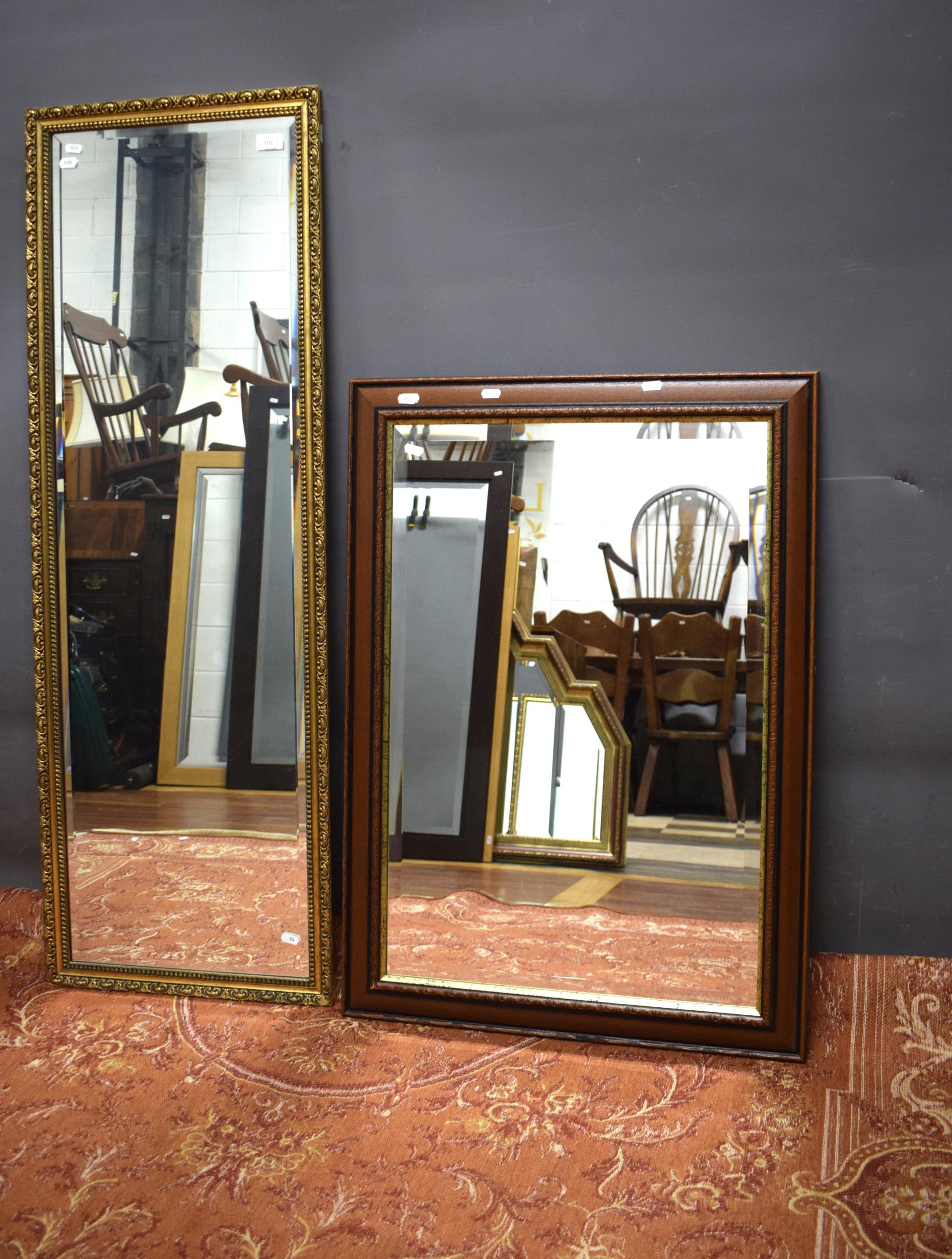 Two framed bevelled edged Mirrors, Largest 50 x 17 inches. See photos.  S2