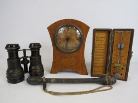 Wooden mantle clock in working order, Paquet metronome, antique black jack cosh and vintage