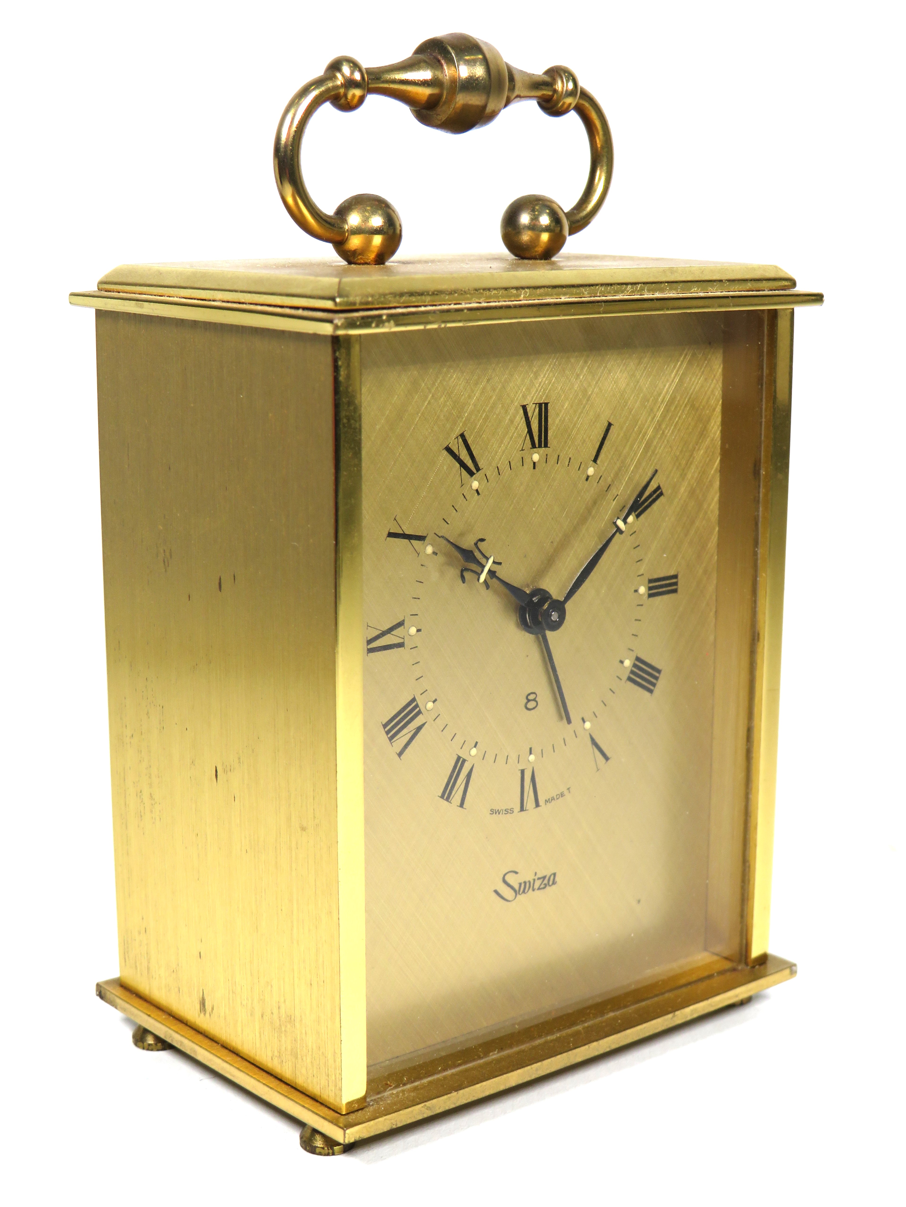 Swiss made Swiza mechanical Carriage clock alarm. Brushed brass case. Running order approx 4 inches  - Image 2 of 4