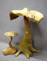 Garden Art as two pieces of Driftwood in the form of Mushrooms. Both in good order. Tallest approx