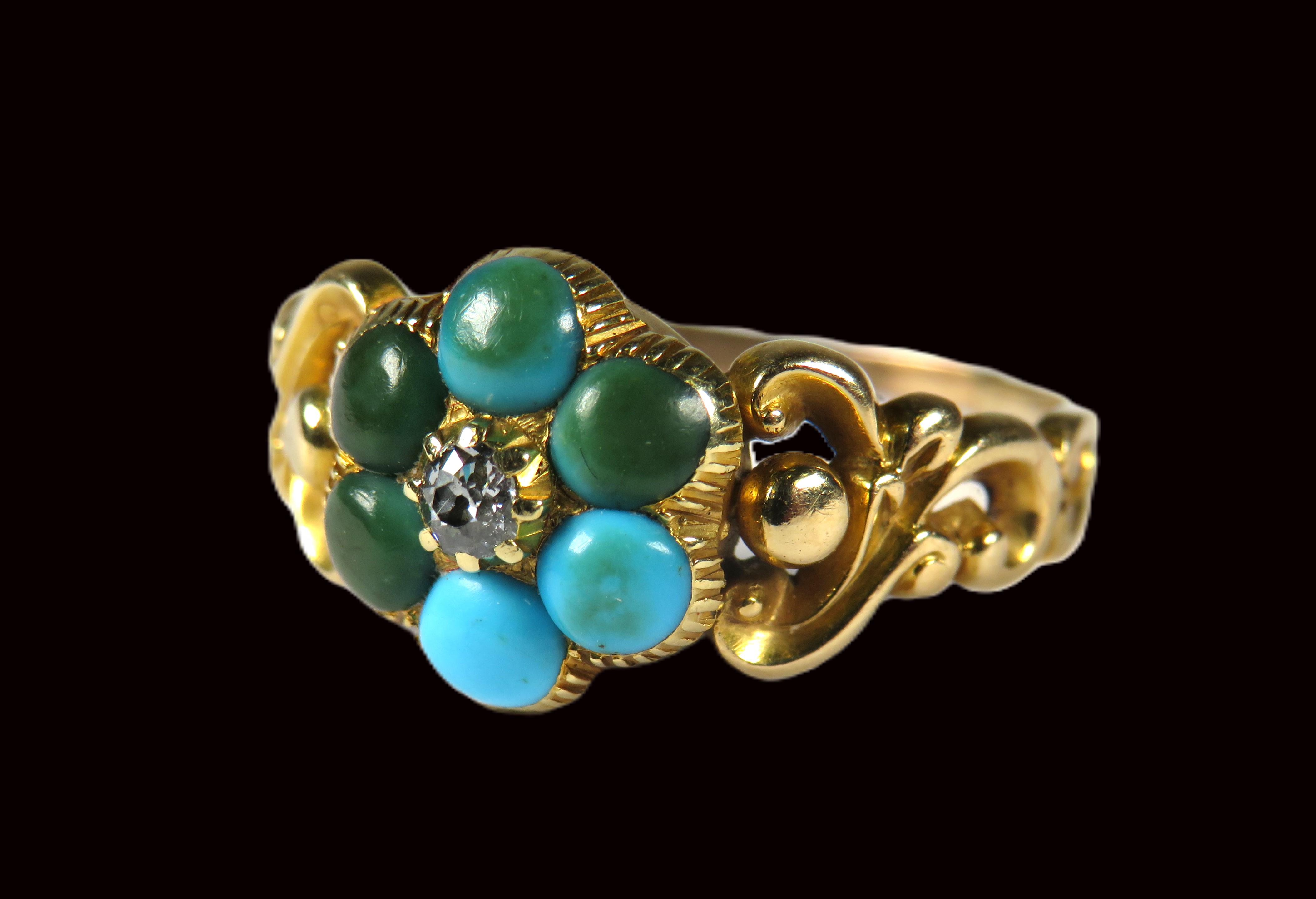 Interesting Victorian Ring set with Central Cushion cut old Diamond and discoloured Turquoise. Fancy - Image 3 of 4