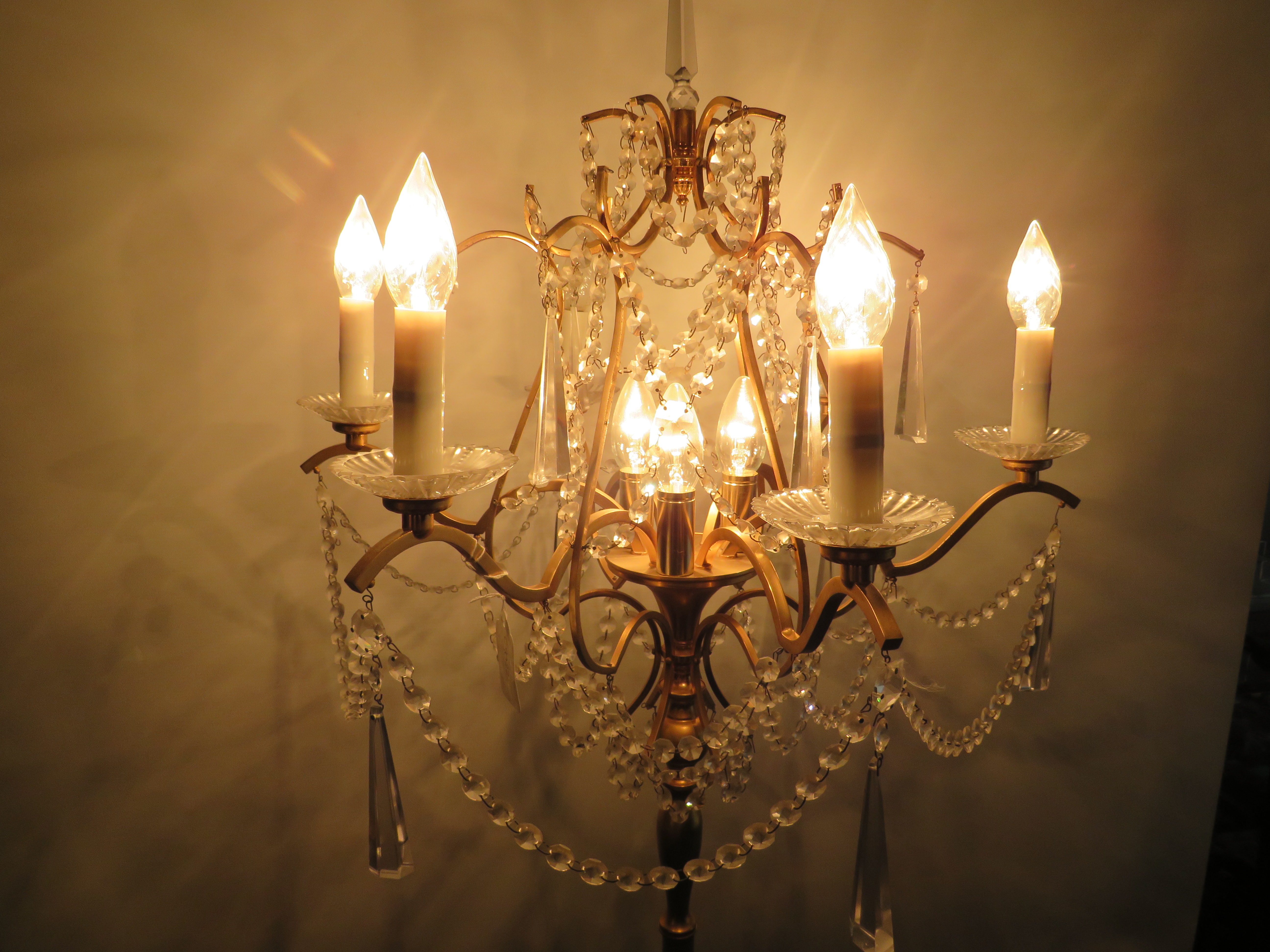 Brushed metal brass effect Standard lamp with 9 Candle bulbs and hanging glass lustres. Approx 67 in - Image 2 of 7