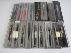 16 Parker ballpoint pens with boxes including one with a rolled gold body.