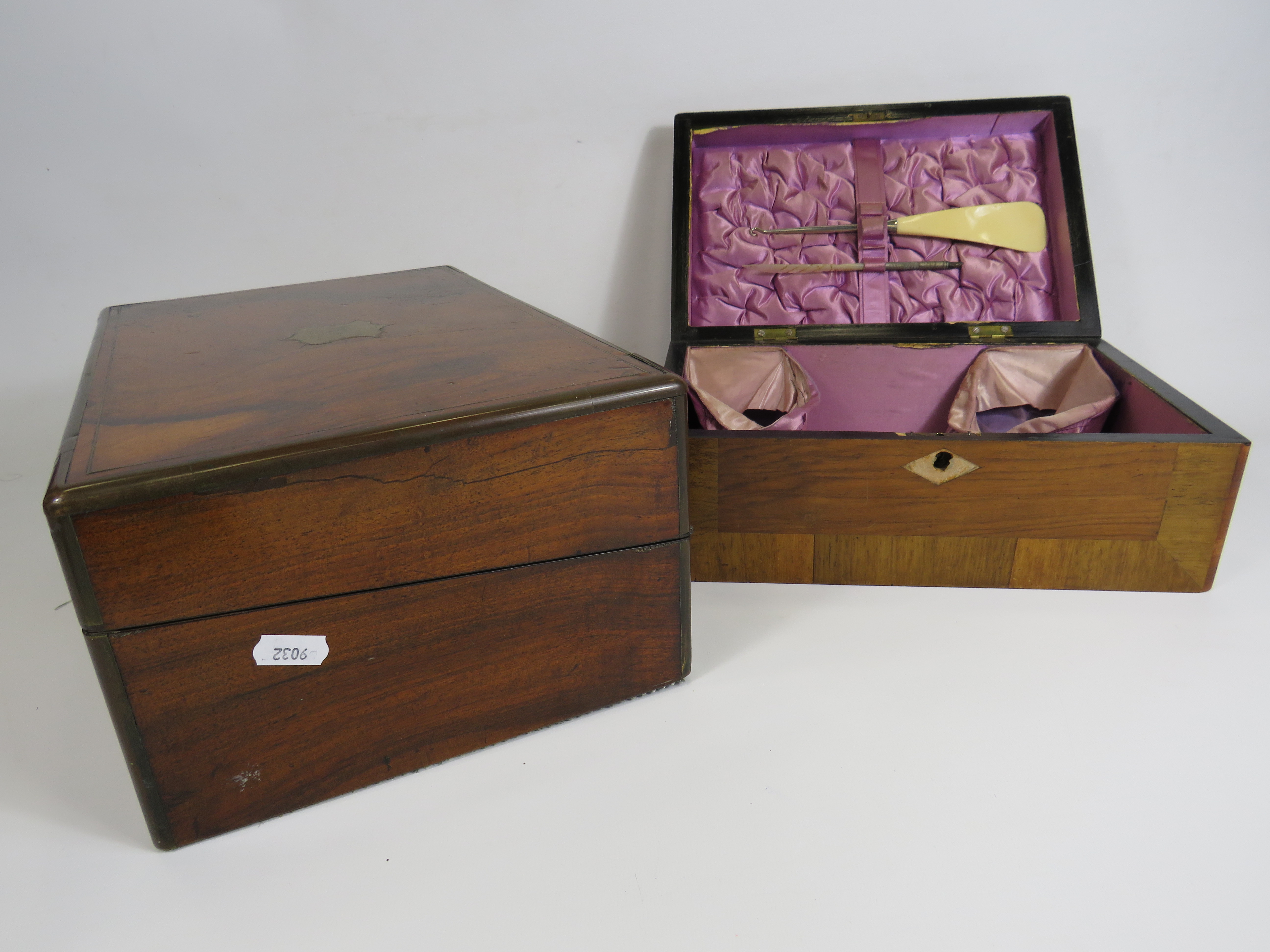 A vintage wooden writing box and a vintage wooden sewing box. - Image 5 of 6
