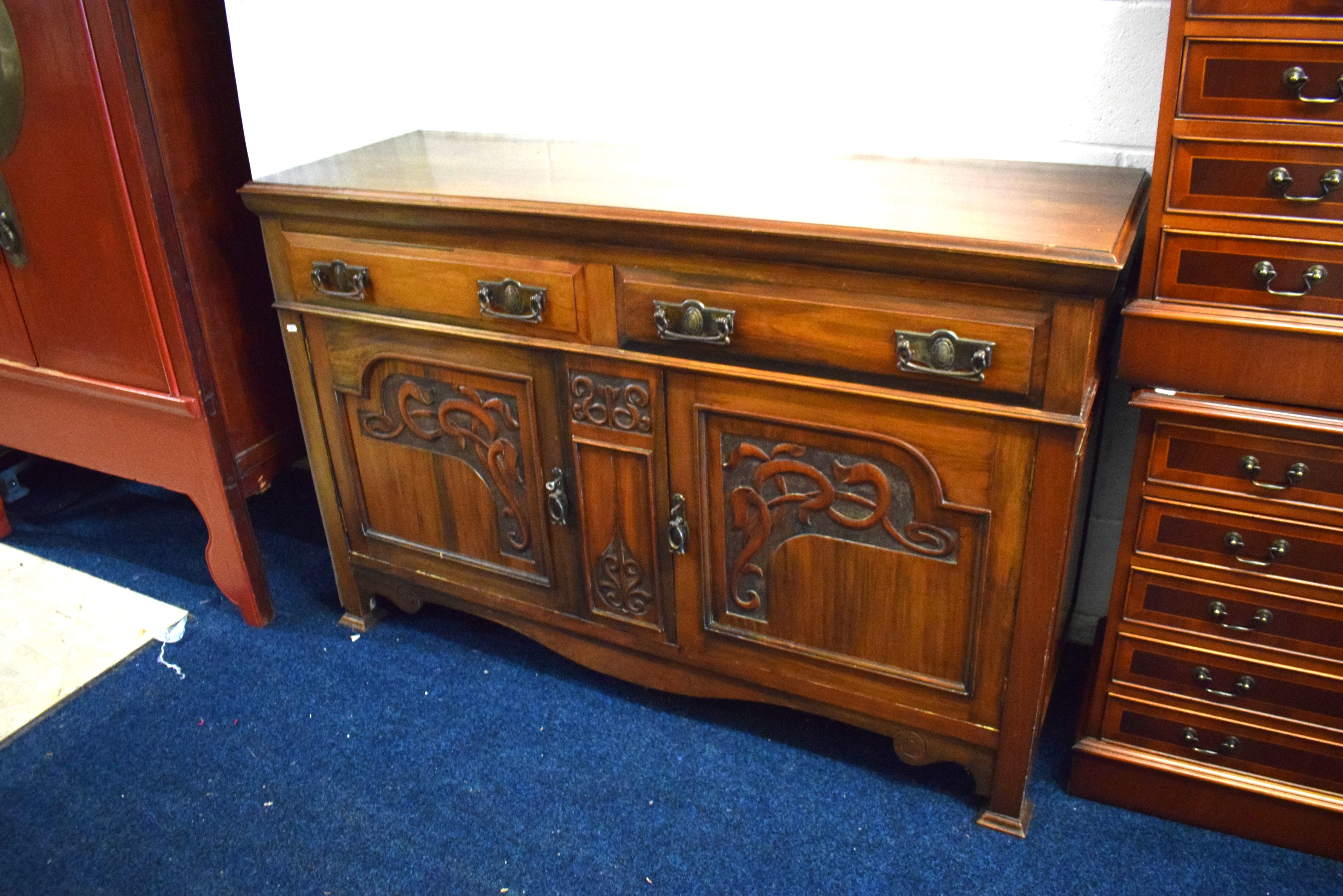 Large buffet cabinet with carving decoration to front. Two drawers above cupboards.  See photos.  - Image 2 of 3