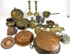 Good mixed lot of Copper, Brass etc to include jelly moulds, jam pan, candlesticks etc.  See photos.